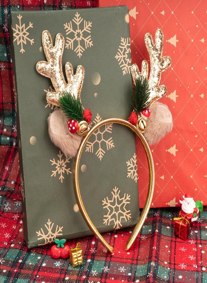 BLAAROOM Christmas Reindeer Antlers Headbands for Women Girls Glitter Elk Antlers Ears Headband with Jingle Bells Christmas Headwear Decorations - Gold - Image 2